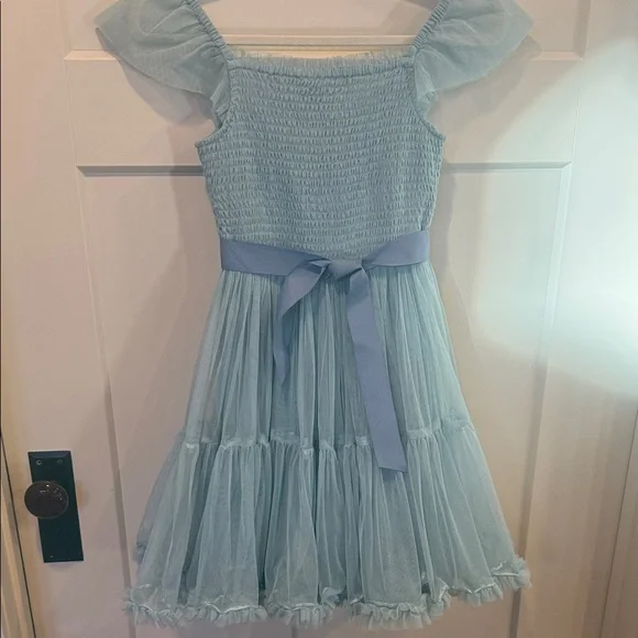 Mini Boden dreamy Light Blue Dress with Colorful Floral ribbon detail.